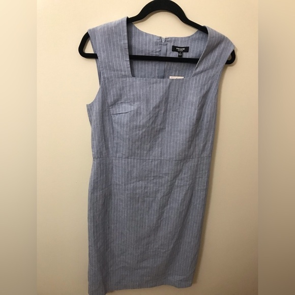 NEW Premise Women Linen Blend Blue White Pinstripe Square Neck Sheath Dress SZ 8 - Picture 7 of 12